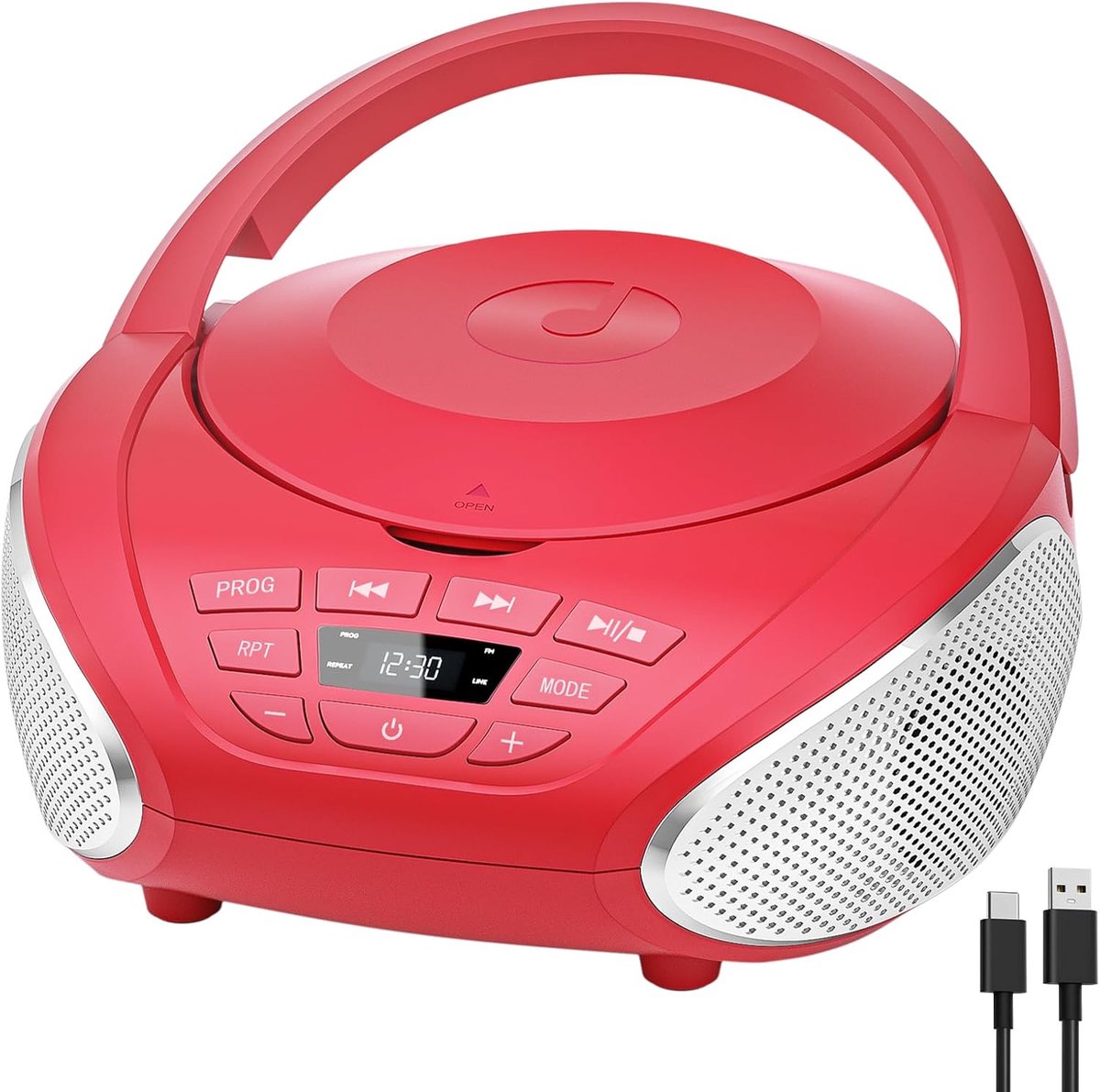 SnelShoppen - Draagbare CD Speler, Boom Box, Radio met CD Speler, FM Radio, Geheugenfunctie, PROG Afspelen, AUX Aansluiting, Rode Kleur voor Feest, Ca