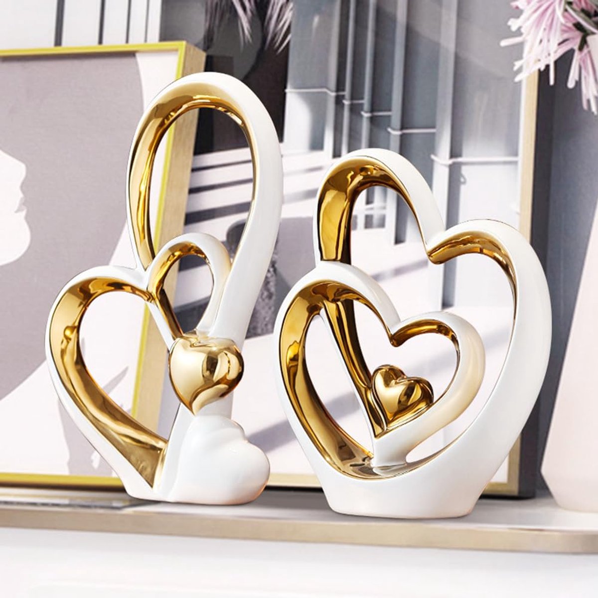 SnelShoppen - Keramisch beeldje met dubbel hart, elegante hartdecoratie, decoratieve sculptuur voor thuis, woonkamer, kantoor, cadeau voor geliefden