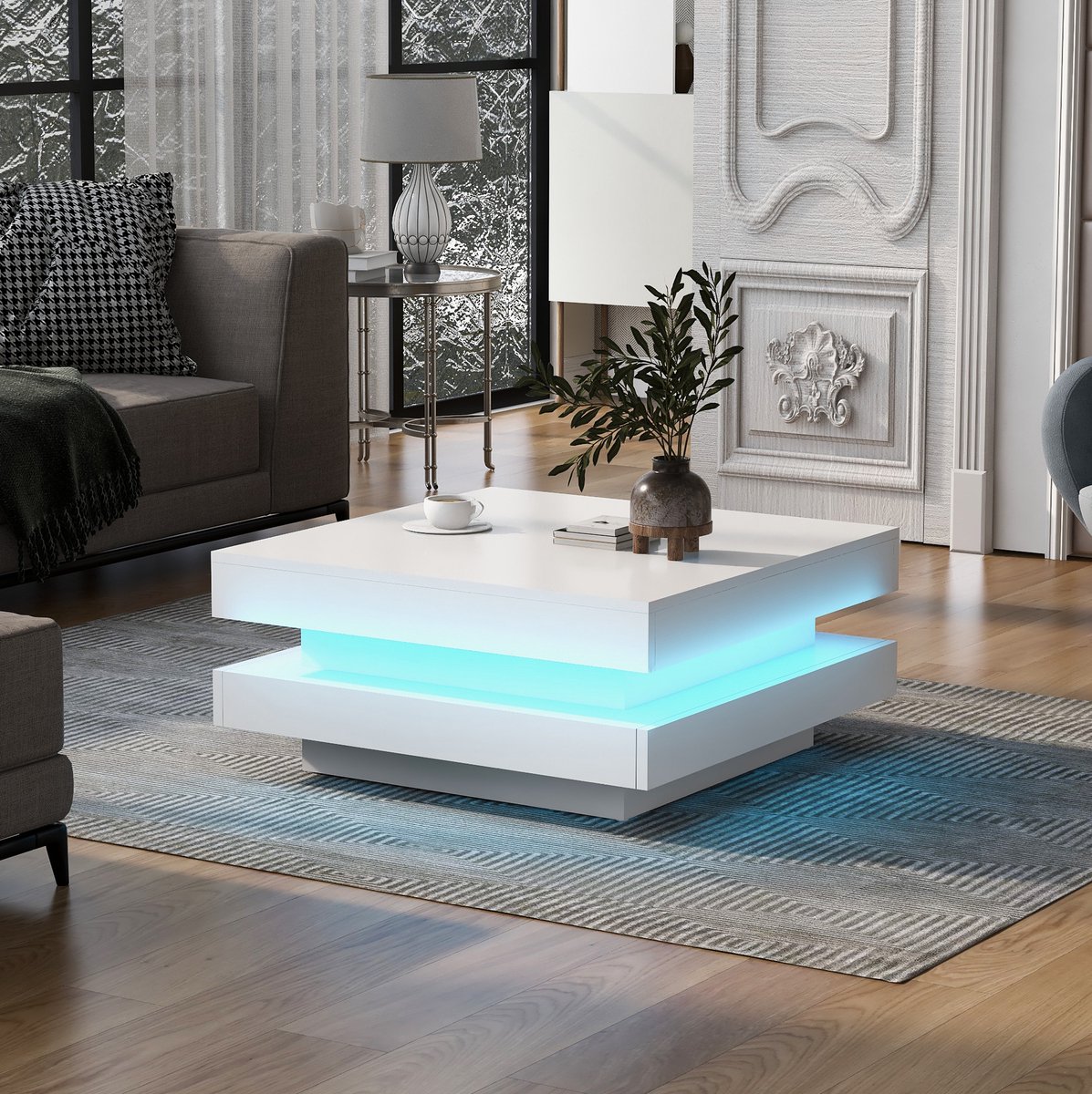 COVREO Salontafel 70x70x36 cm wit, spaanplaat met Bluetooth LED