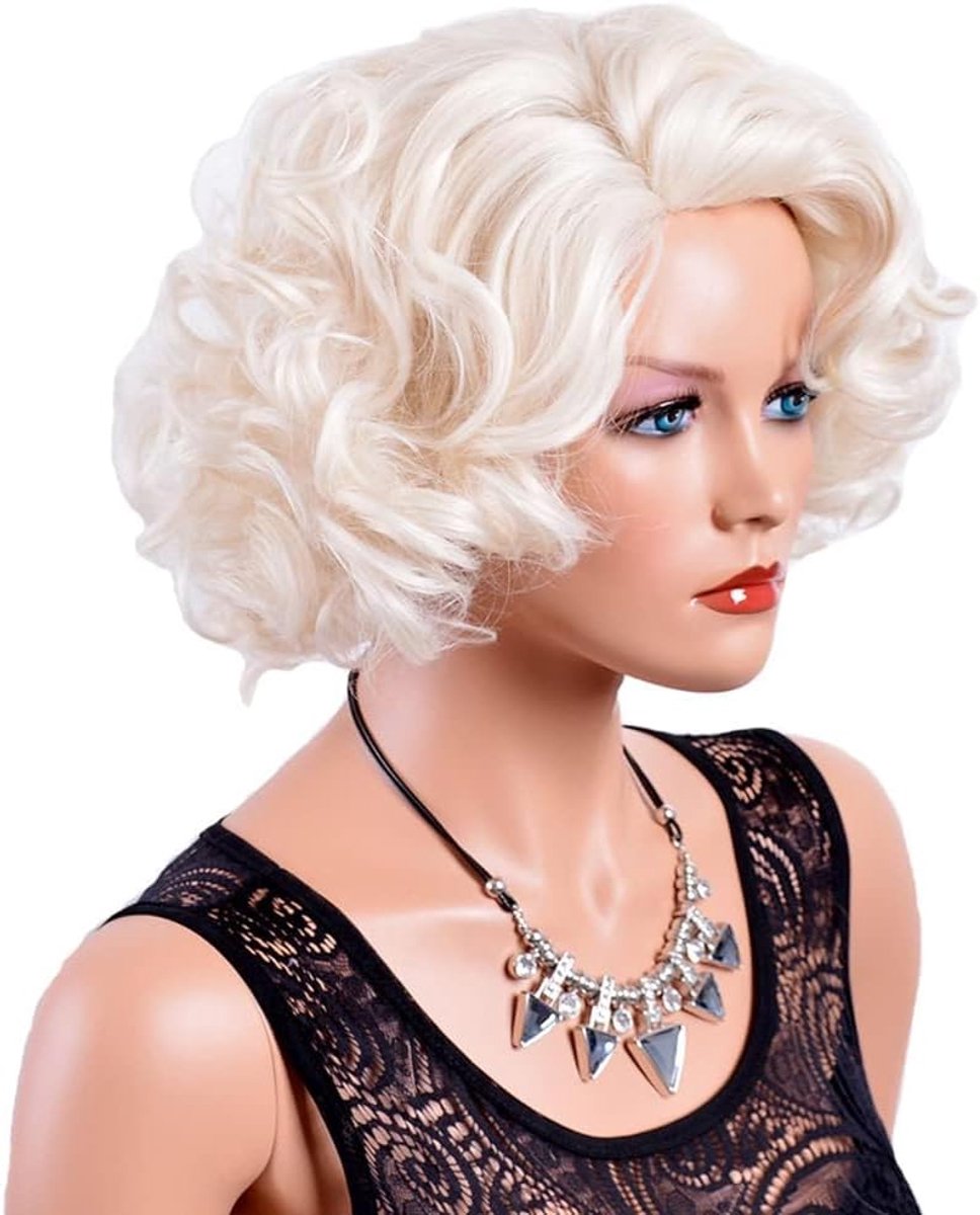 SnelShoppen - 12 in 1 Korte Blonde Krullend Perucque voor Vrouwen | Cosplay Haarstuk met Vlecht Hoofdband voor Feest, Halloween en Vintage 20-30s Stij