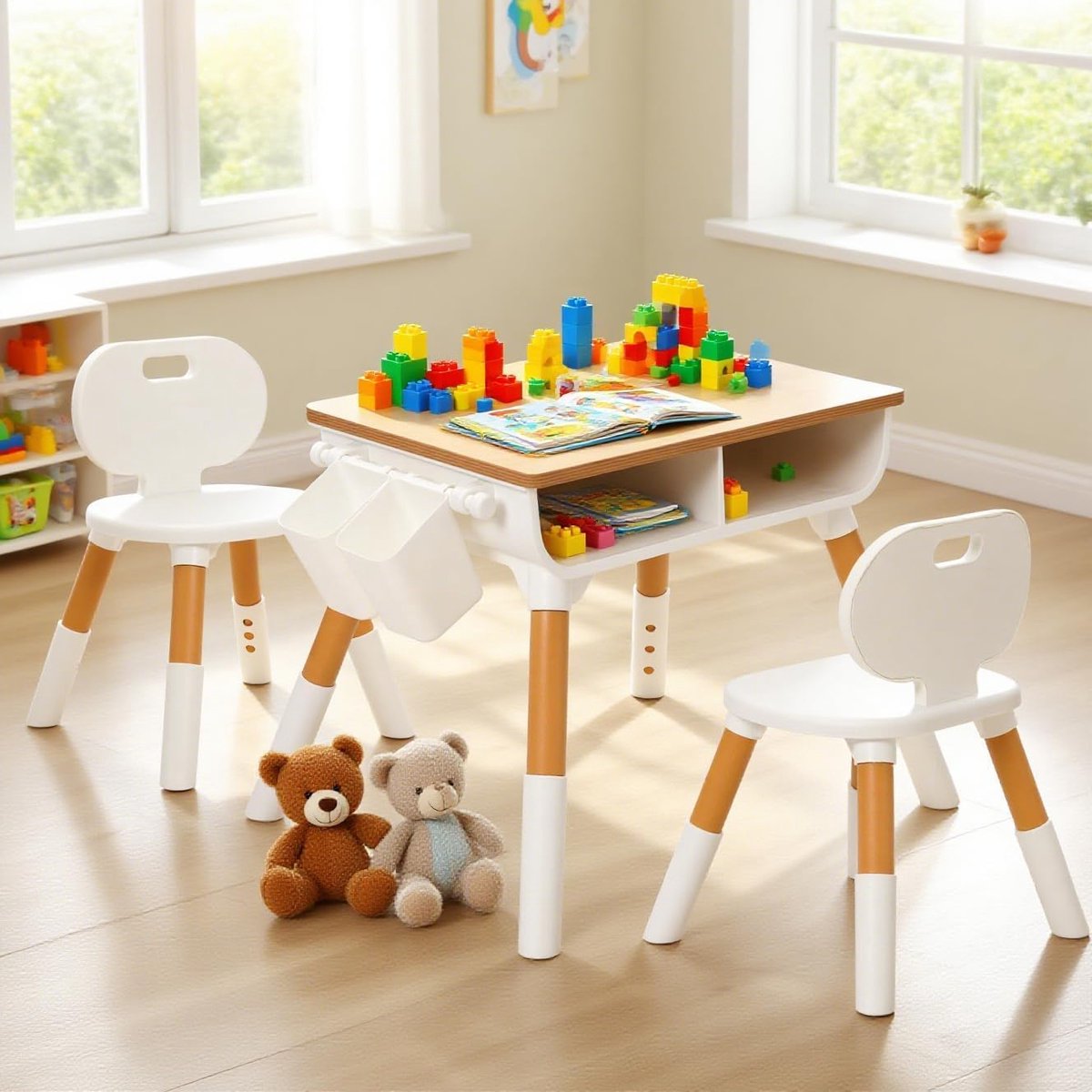 SnelShoppen - Kindertafel met 2 Stoelen, Hoogteverstelbare Kinderzitgroep voor Kindertuin, Schrijfbord voor Kinderen met Opbergruimte, Kindertafel Sto