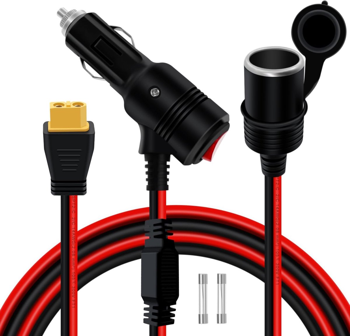 SnelShoppen - Cigarette Lighter Splitter Switch 12V/24V met 14 AWG Verlengkabel, Mannen en Vrouwen Aansluitingen, XT60 Connector voor Auto, Motor en B