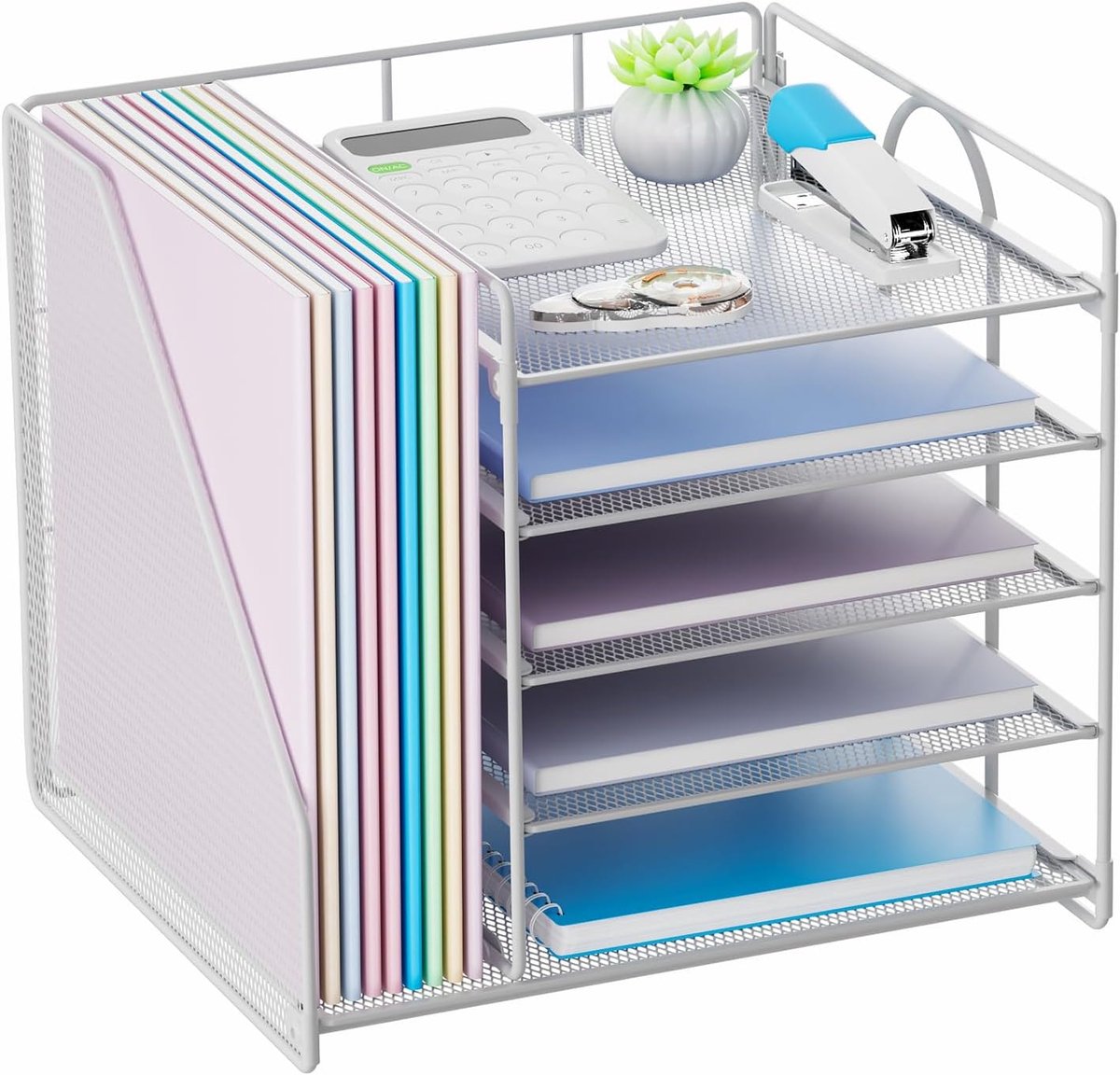 SnelShoppen - Restorgan Bureauorganizer met Archiefhouder, 5 Lagen Papieren Brievenbakorganizer, Mesh Bureau-Organizer en Opslag, Wit voor Thuiswerk e