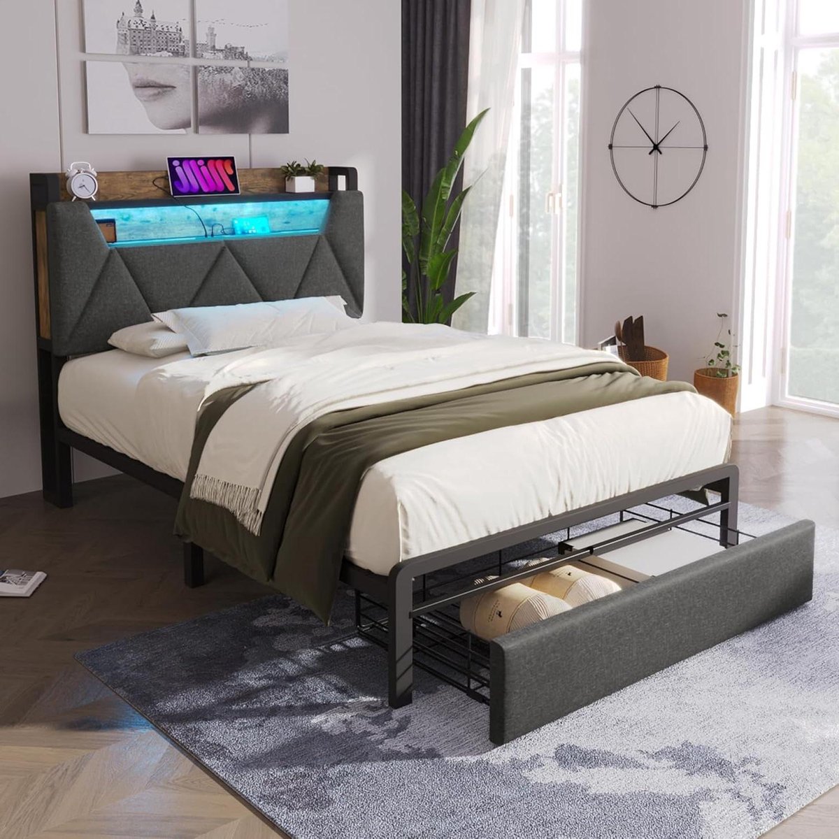 Gestoffeerd Bed - Bedframe met Opbergruimte - Slaapkamer Organisatie - Ingebouwd Laadstation - 90 x 200 cm - Grijs