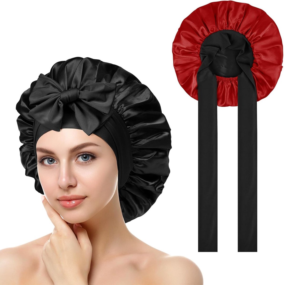 Satijnen Bonnet - Slaapmuts Haar - Haar Beschermen - Dubbelzijdig Kleuren - 17x16 cm - Zwart