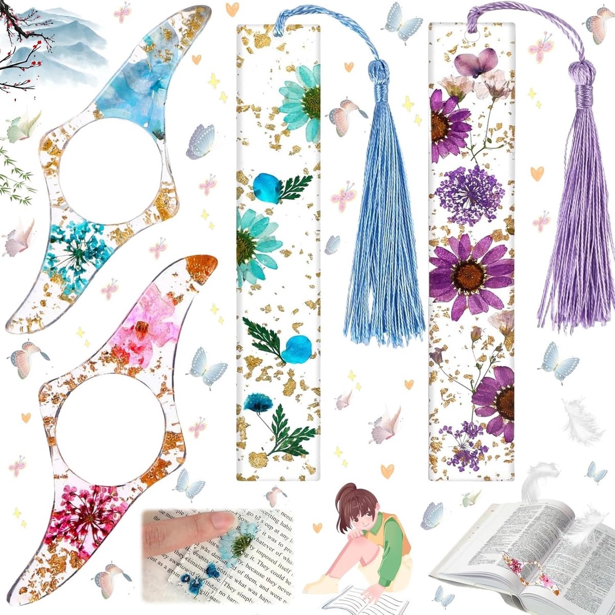 SnelShoppen - 6 Stuks Drogen Bloemen Resin Boekenleggers, Transparante Handgemaakte Boekenleggers met Gedrukte Bloemen, Milieuvriendelijke Decoratie v