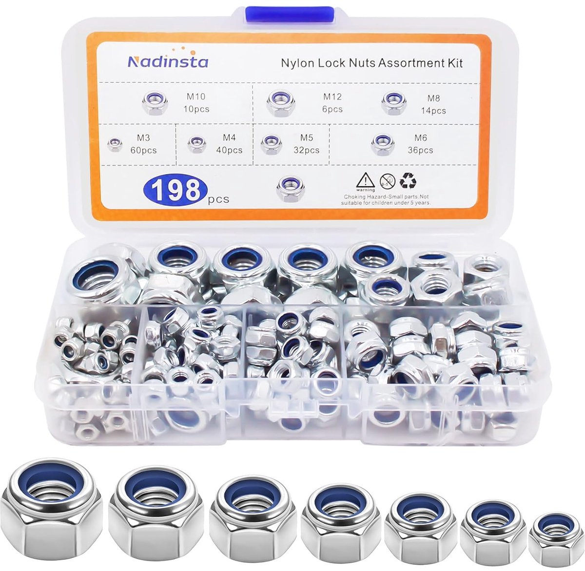 198pcs Nylock Nuts, Self Locking Nylon Plug Nut m2 m3 m4 m5 m6 m8 m10 m12, 304 Stainless Steel Self Locking Nut, Nyloc - ShopVlot