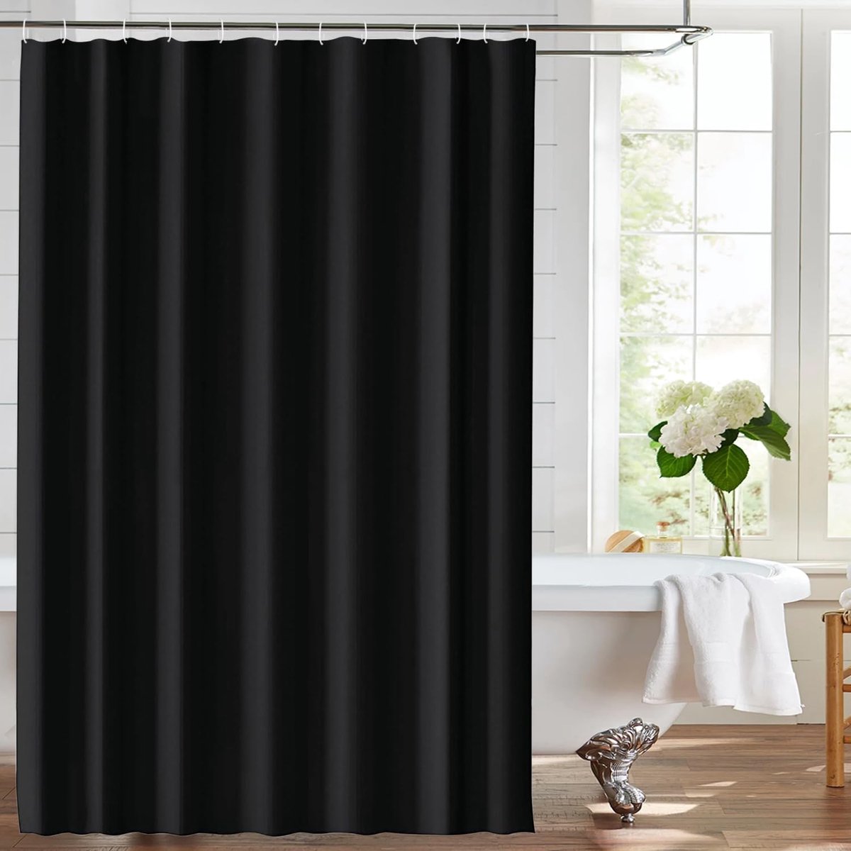 SnelShoppen - Polyester Douchegordijn 180x200cm, Waterdicht en Anti-Schimmel, Wasbaar Douchegordijn met 12 Ringen voor Badkamer, Zwart