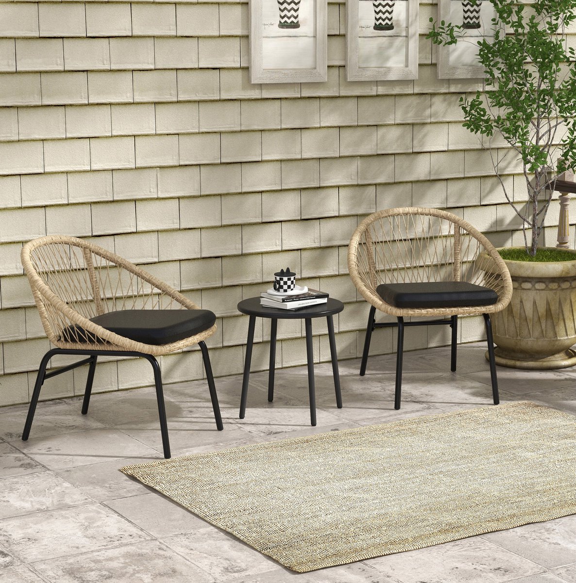 COVREO Bistroset 70 x 63 x 73 cm geel, rattan met kussens en ronde tafel