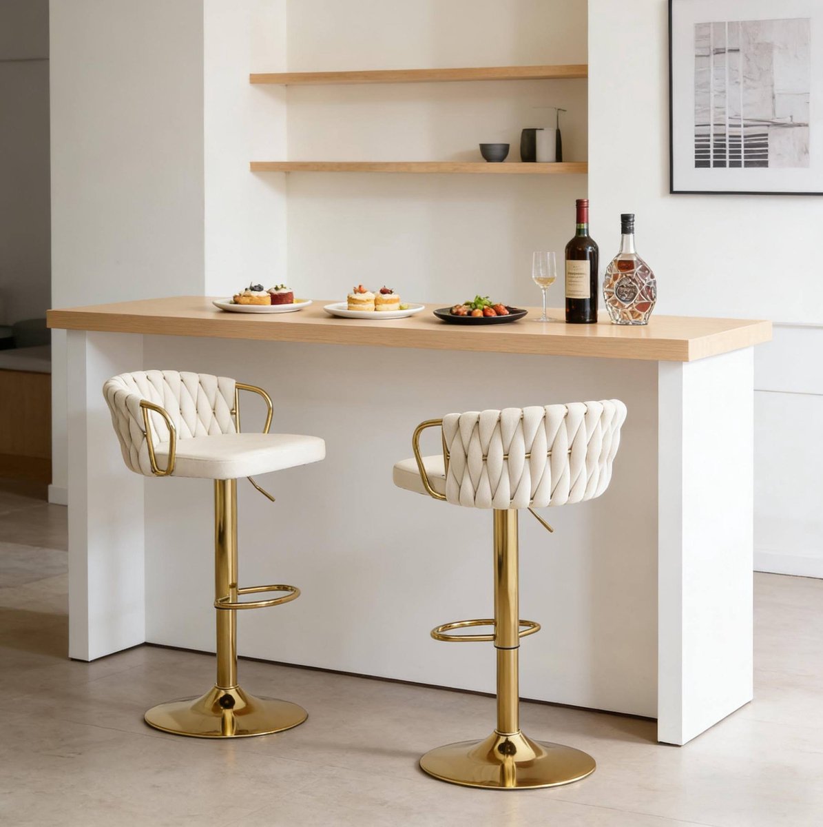 REDOM - Barkruk set van 2 - Verstelbare draaibare barkruk met rugleuning en armleuningen - Velvet zitting - Metaal - Cream White - 49,5 x 50,5 x 98 cm