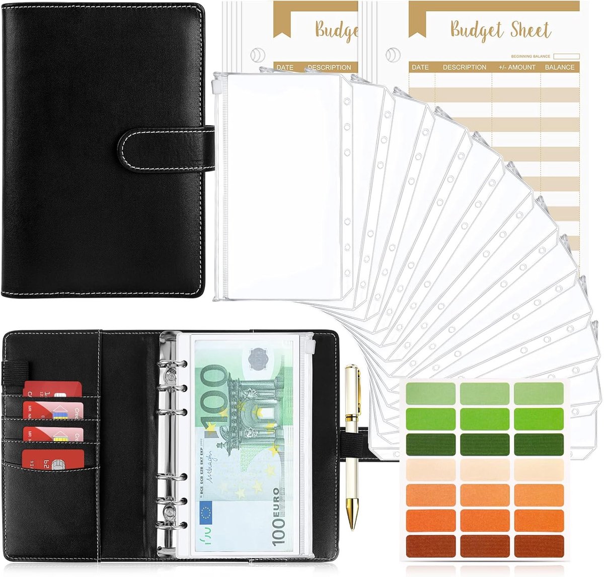 SnelShoppen - Budget Planner A6 Geld Organiser met Zachte Tas, Lederen Ringband met 6 Gaten Notitieboek, Cash Stuffing, Huishoudboek met Geld Comparti