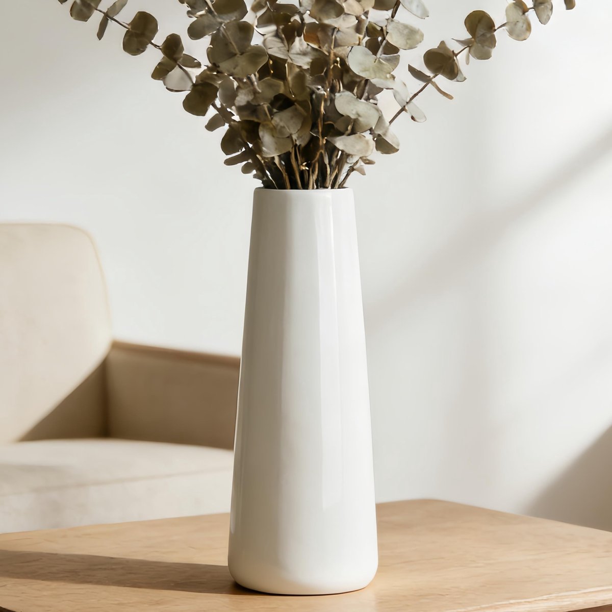 Omgoods - Hoge Witte Keramische Vaas, 30cm Hoog voor Decoratie