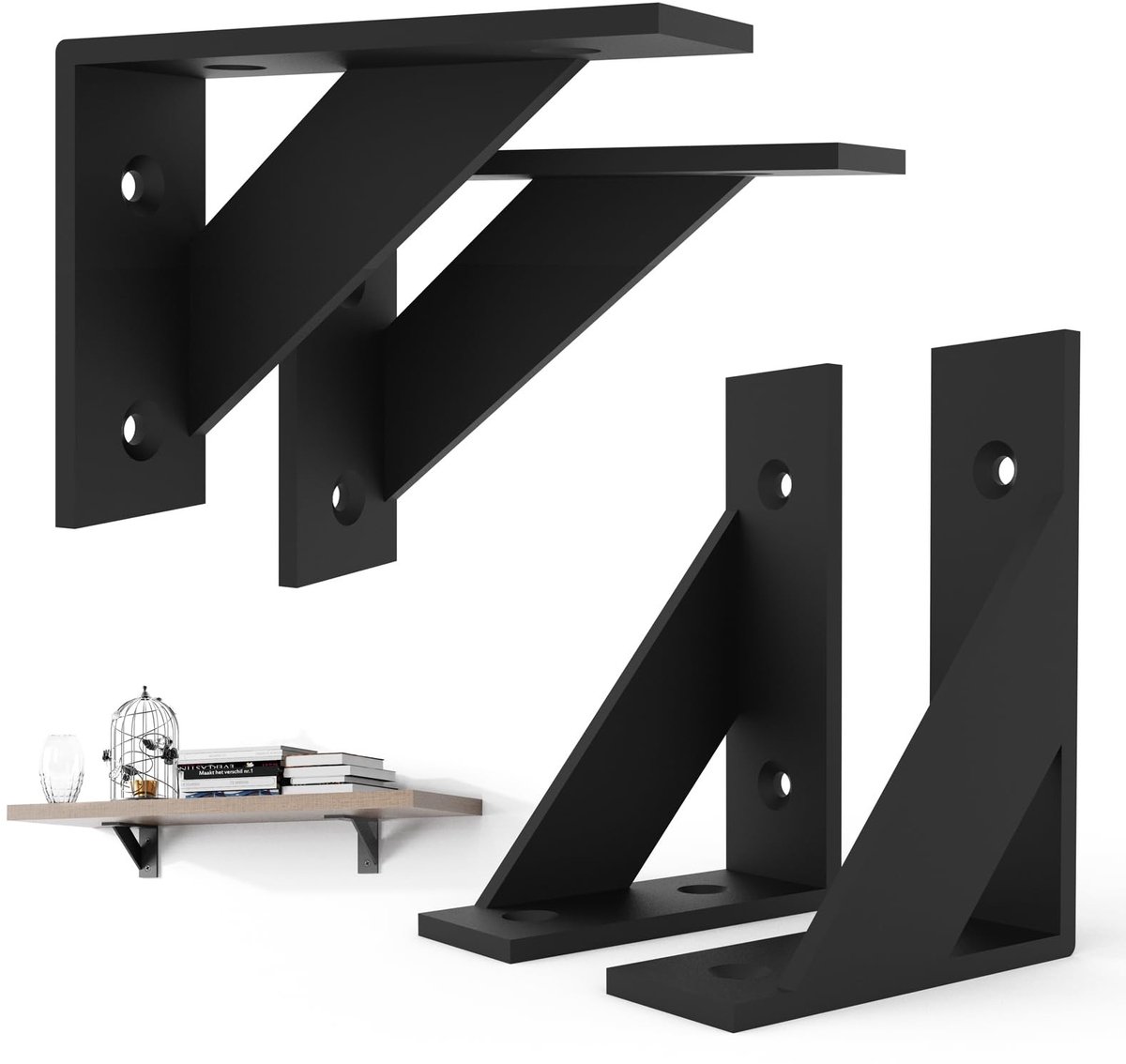 Plankhouder 75 x 100 mm zwart metaal - plankdrager hoek zwevende plank - L-klemmen 4 stuks - stevige hoekbeugel