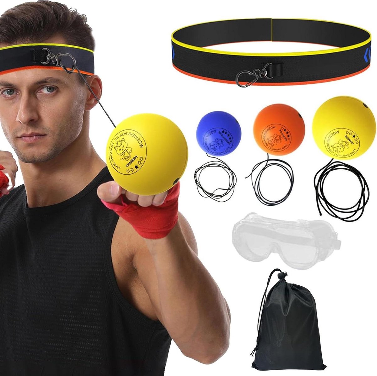 Boks Reflex Bal - Training Bal Hoofdband - Verbeteren Coördinatie - Verstelbare Hoofdband - 3 Ballen Set - Blauw Oranje Geel