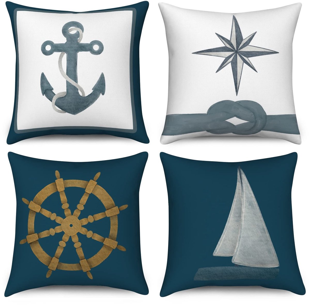 Omgoods - Set van 4 Maritieme Kussenhoezen 40 x 40 cm met Anker en Kompas