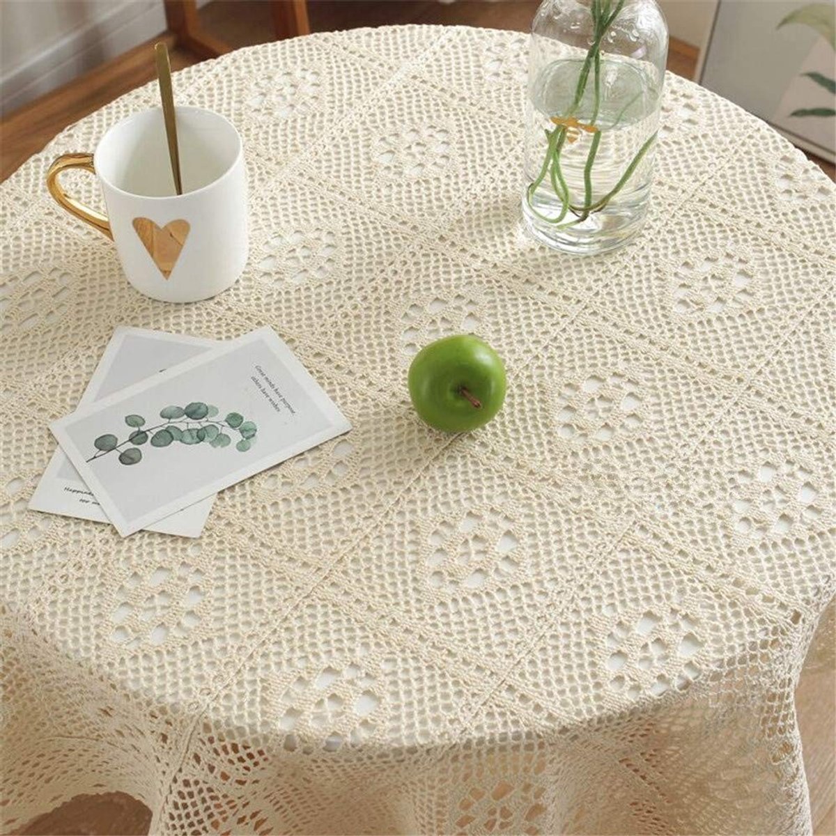 Omgoods - Vintage Beige Tafelkleed met Gehaakte Rand 160 x 160 cm voor Bruiloften en Feesten