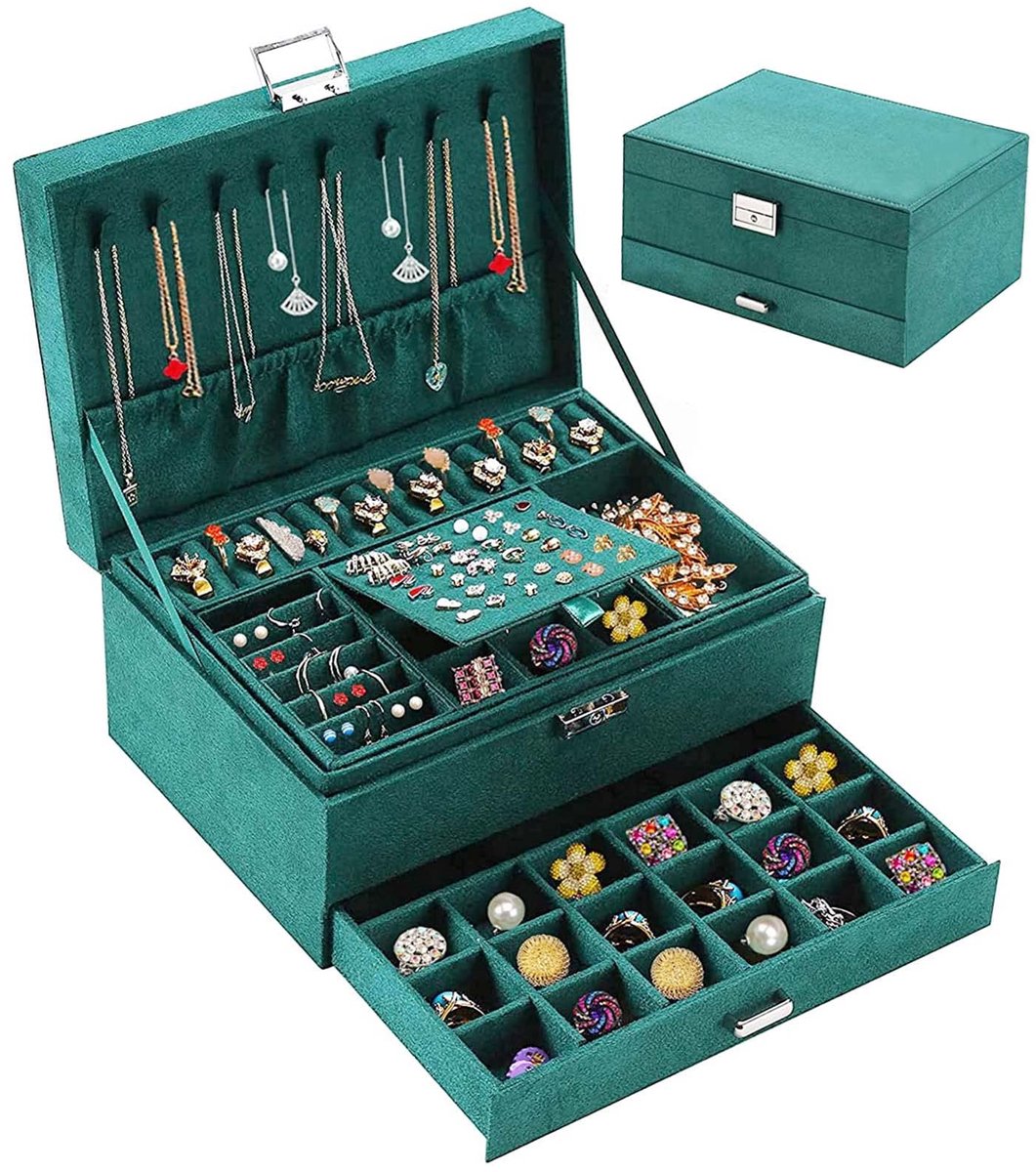 Omgoods - Luxe Sieradenbox met 3 Niveaus - Velours Sieradenopbergdoos voor Vrouwen