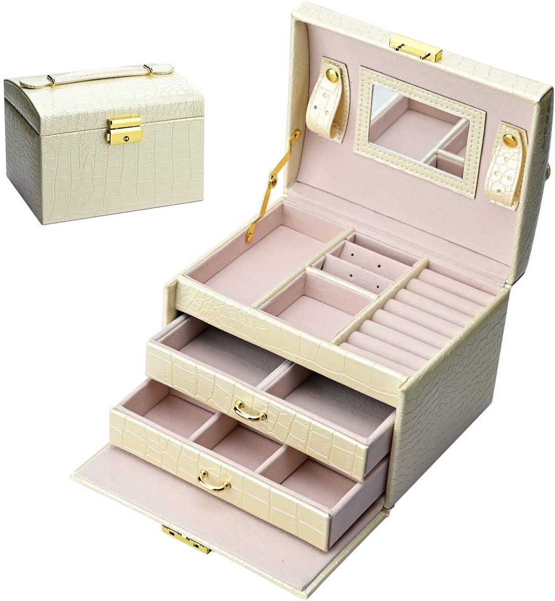 Omgoods - Sieradenbox PU Leder met Spiegeltje en Slot, 3 Lagen en 2 Lades, 18.5 x 15 x 14 cm