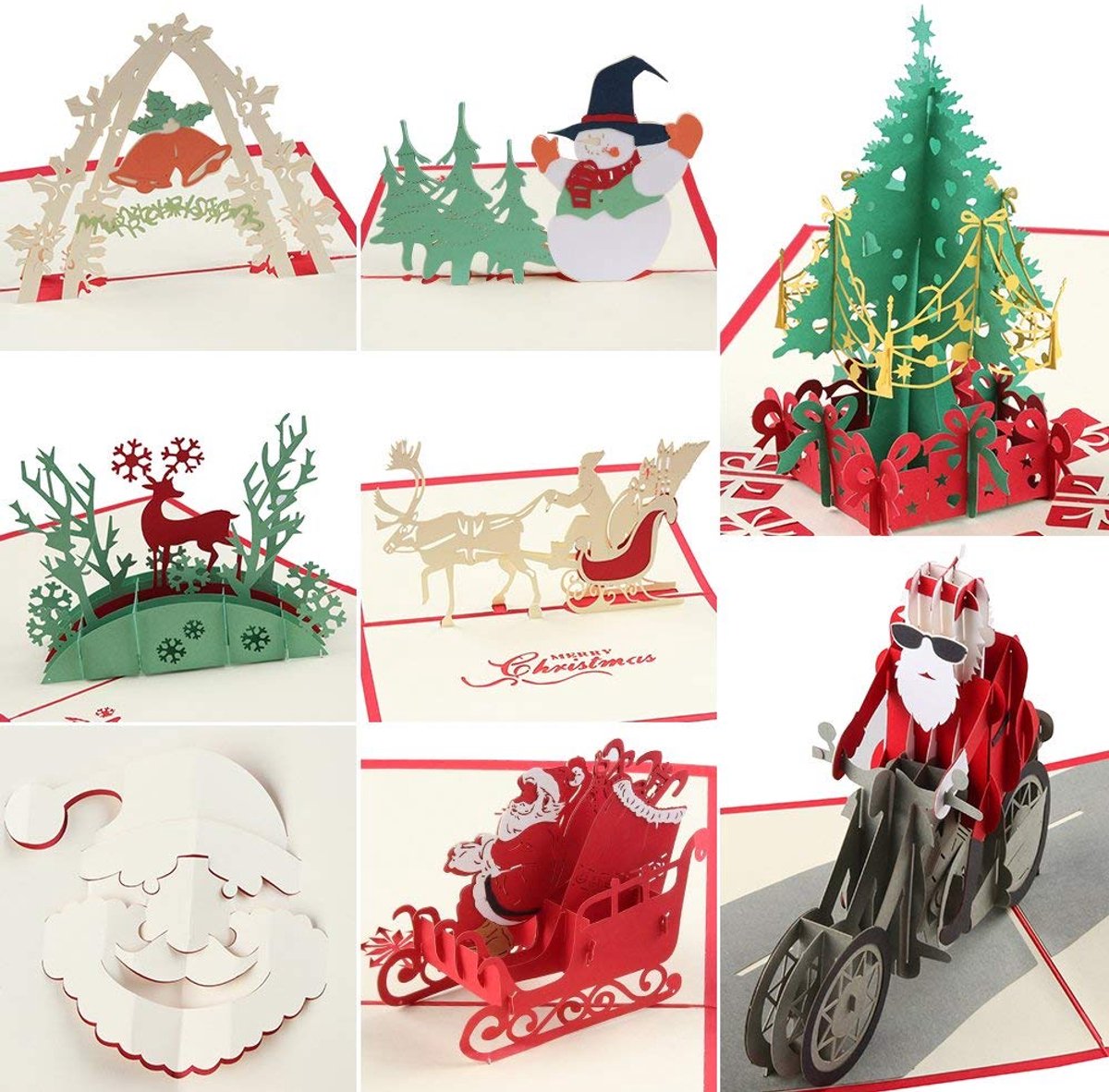 Omgoods - 3D Pop-Up Kerstkaarten Set van 8 - Handgemaakte Groetkaarten voor Feestdagen