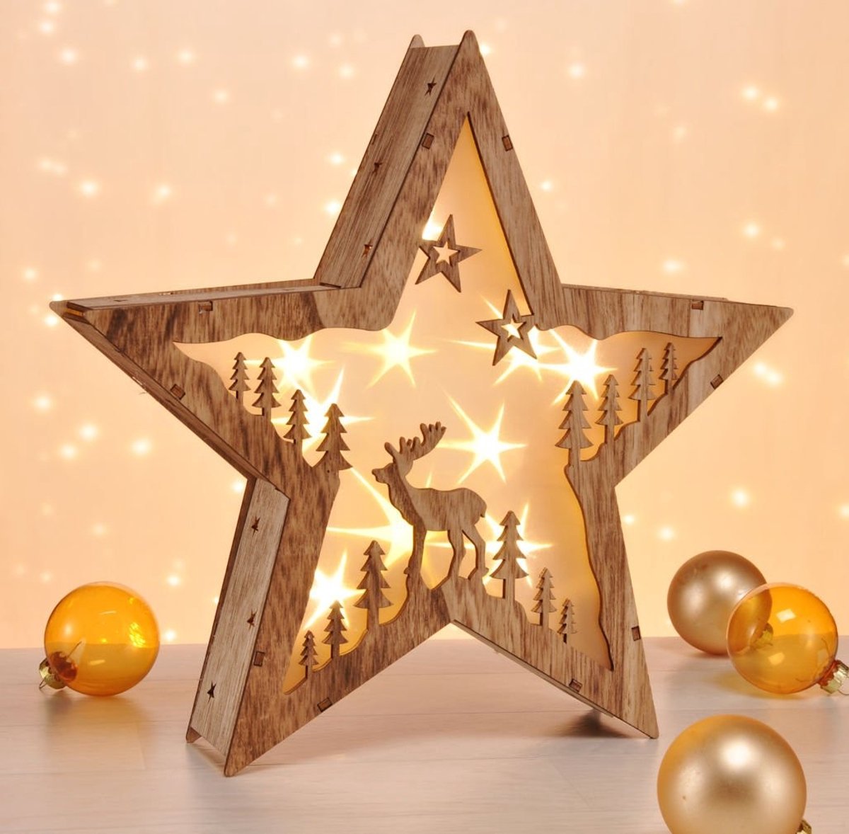 Omgoods - Decoratieve Ledlamp Stervorm Hout - Warm Wit Verlichting - 30 cm - Tafel Decoratie - Kerst en Advent - Batterij Aangedreven