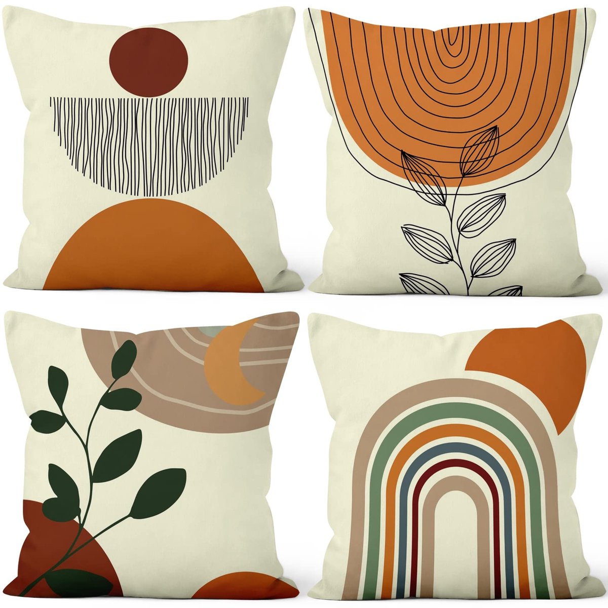 Omgoods - Set van 4 Abstracte Kussenhoezen met Zon, Maan en Regenboog Design