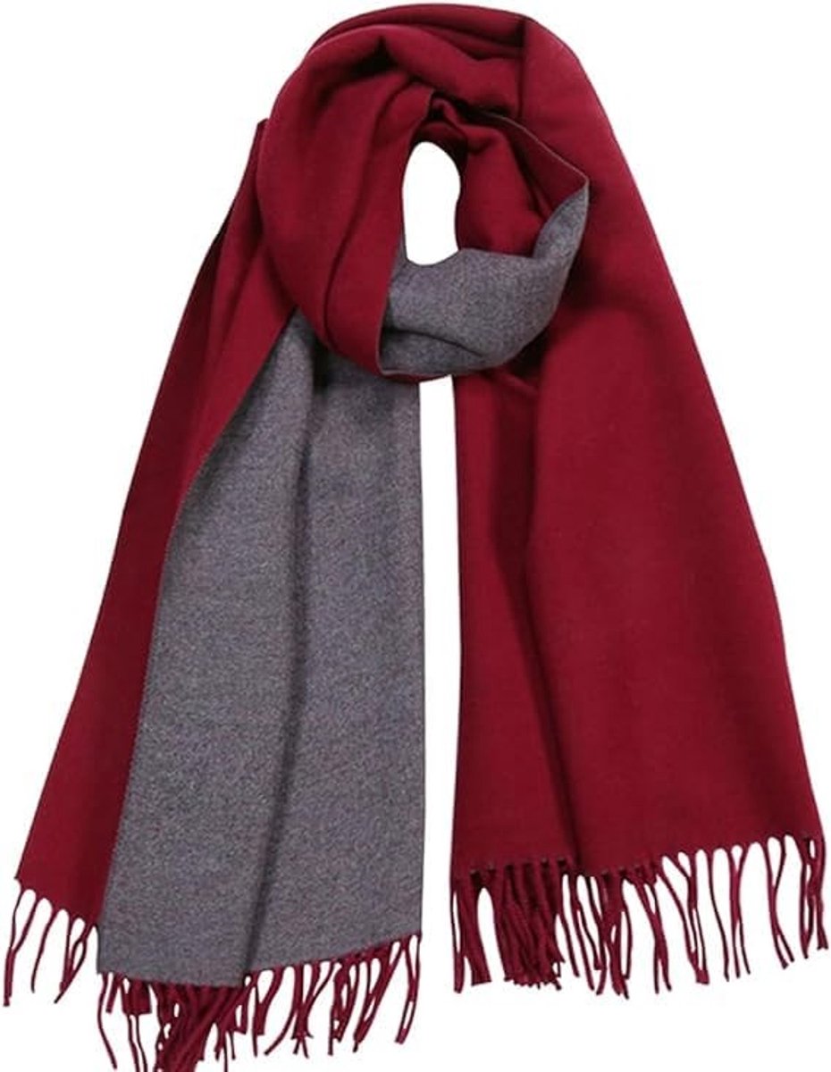 Omgoods - Dames Cashmere Sjaal Dubbelzijdig met Franjes, Rood/Grijs