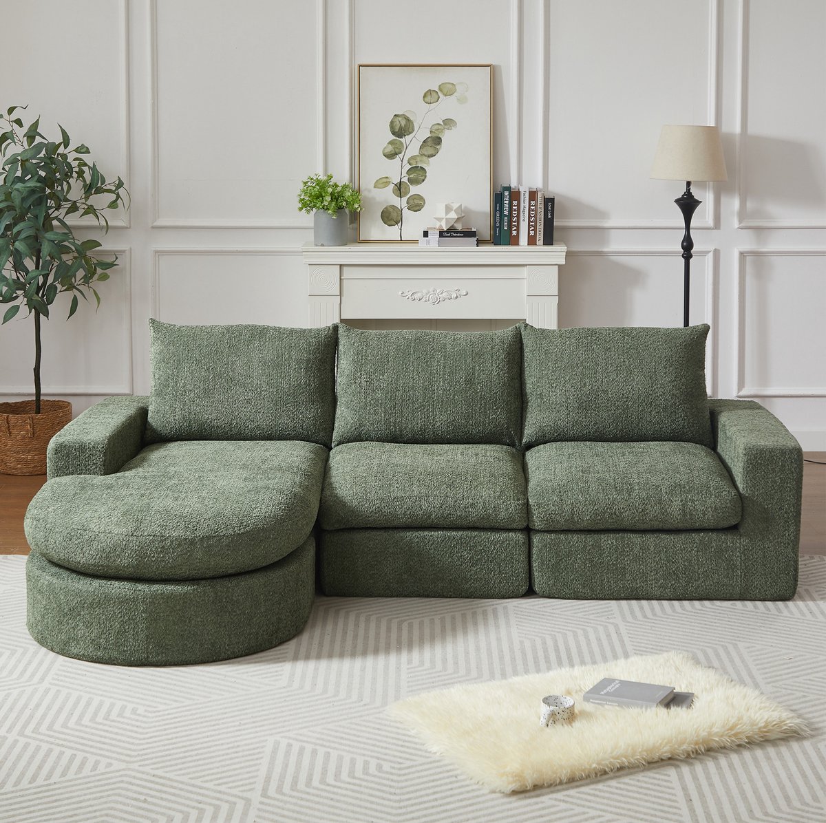 OKWISH Hoekbank 251 x 160 cm - Modulaire 3-Zits Bank Met Verwisselbare Chaiselongue En Kussens - Woonkamer - Chenille - Groen