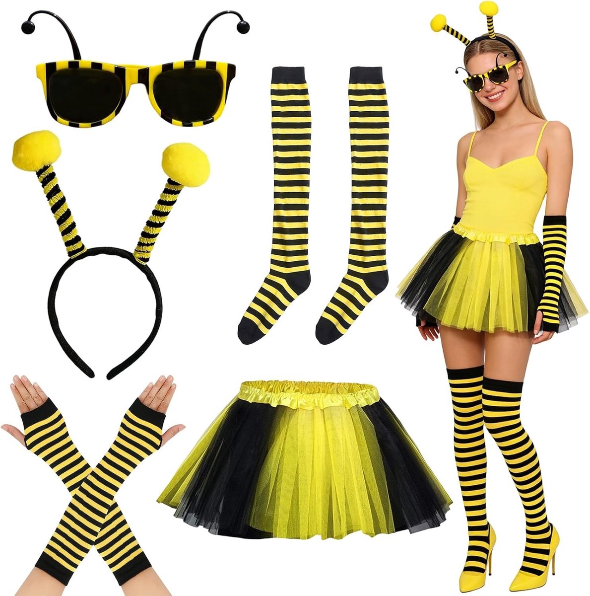 Bijenkostuum voor vrouwen en volwassenen, tulle rok, bijen hoofddeksel, gestreepte kniekousen, handschoenen en accessoires voor carnaval en cosplay feestjes