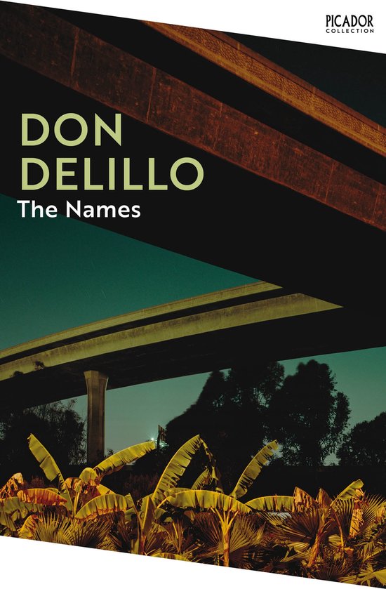 Boekcover van "The Names" van Don DeLillo, met een foto van een snelweg onder een donkere hemel met bananenbladeren op de voorgrond.