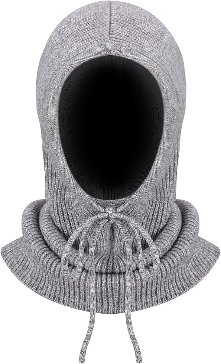 Bivakmuts, gebreide gezichtsmasker, balaclava, winternekwarmer, winddicht, muts sjaal 2-in-1, winddichte hoed voor mannen en vrouwen, universele maat, alledaagse kleding, grijs, L