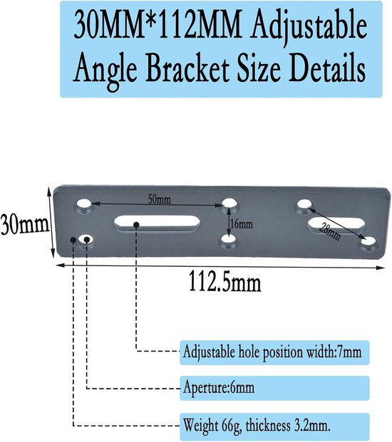 10 stuks verdikte hoekverbinders, verstelbare bevestigingshoeken, met 2 lange gaten, L-vorm, 90 graden hoekverbinding, metalen hoek, meubelhoek voor plank, tafel stoel, 3 mm dik (zwart, 30 x 112 mm) — afbeelding 3