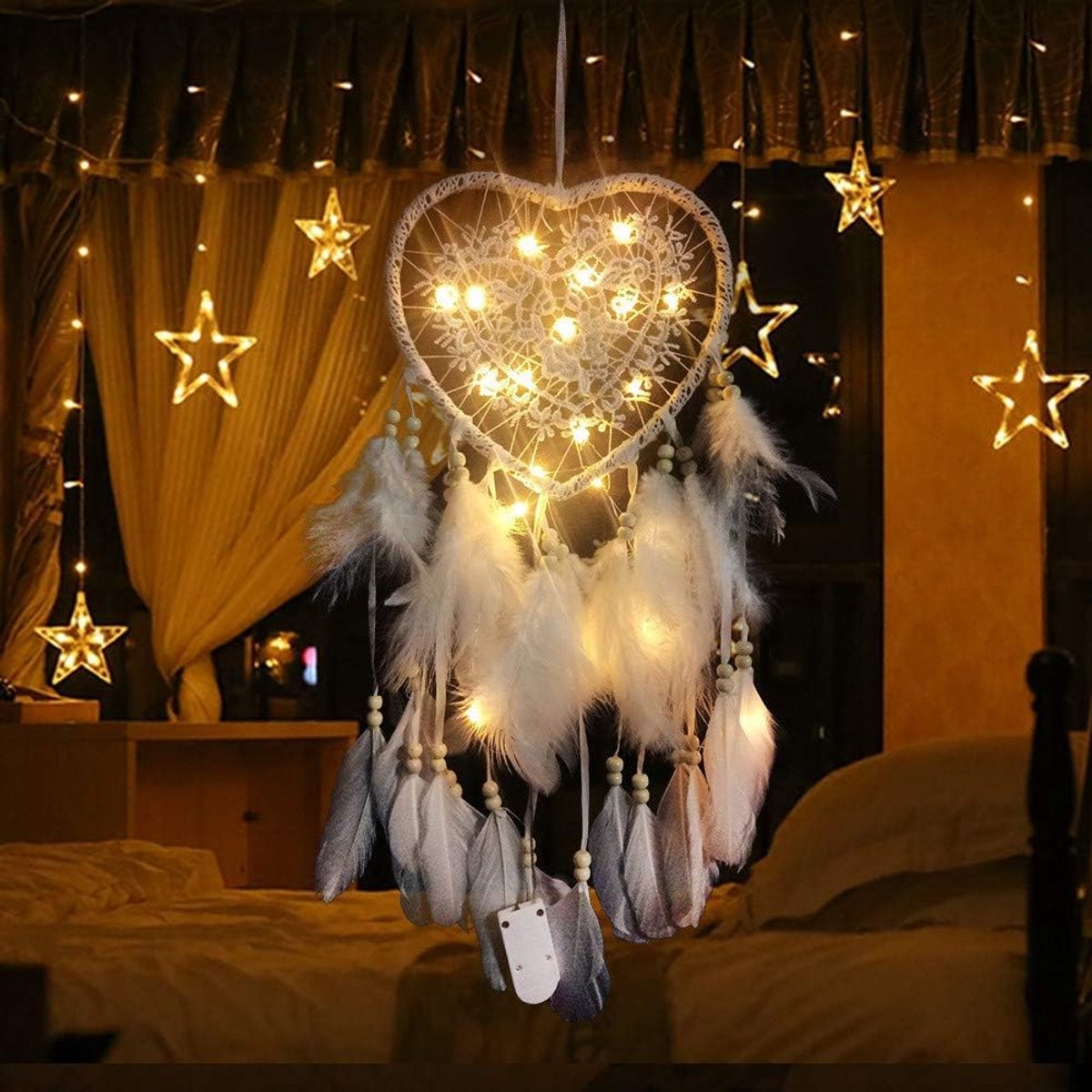 dromenvanger, bohemien-stijl, handgemaakt, ledlicht, wandtapijt, romantische decoratie (wit, met lichtjes)