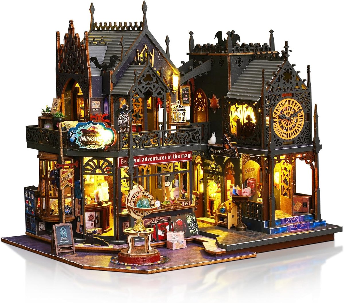 Miniatuur poppenhuisset, houten poppenhuis met ledverlichting, kleine bouwset voor volwassenen, unieke cadeaus voor verjaardagen, Kerstmis (magisch kasteel)