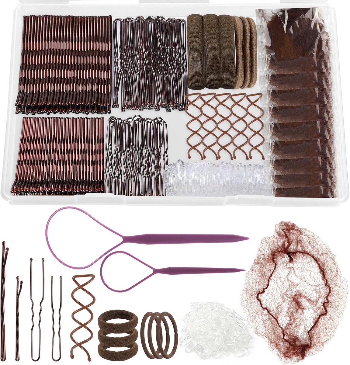 Haarspelden, haarspelden voor dames, haaraccessoires met bobby-pins, U-haarclips, haarelastiekjes, haarnetjes, spiraalhaarspelden, kapselhulp voor meisjes, opgestoken kapsels (bruin)