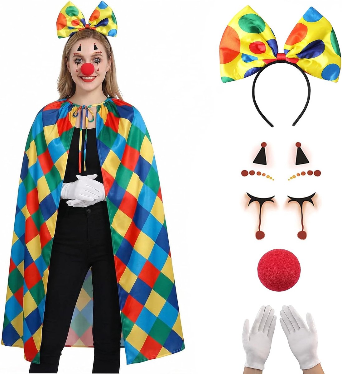 clowncape voor volwassenen, circus, cape met hoofdband, handschoenen, clownoutfit voor carnaval, maskerade, feest