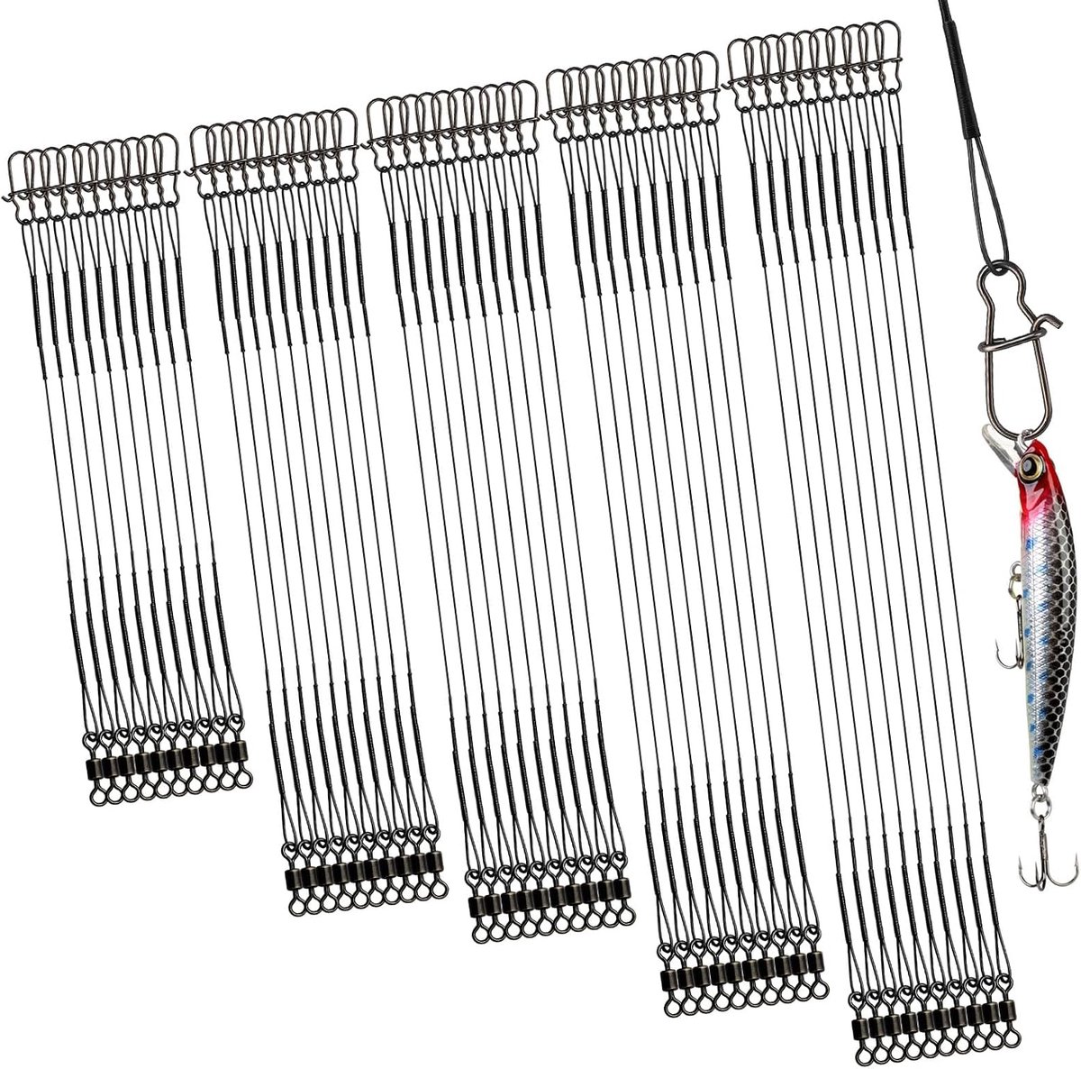 50 stuks stalen leiders snoek visset met wervels en karabijnhaak (zwart) | Visaccessoires, 5 maten, 10/15/20/25/30 cm, roestvrij staal, visaccessoires, bijtbestendige stalen leiders voor zout water
