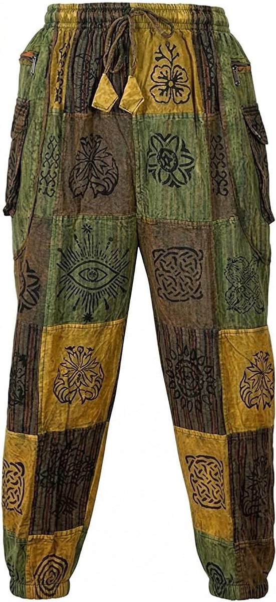 Heren Gothic Patchwork Cargo Broek Stonewashed Bohemian Katoen Festival Hippy Broek