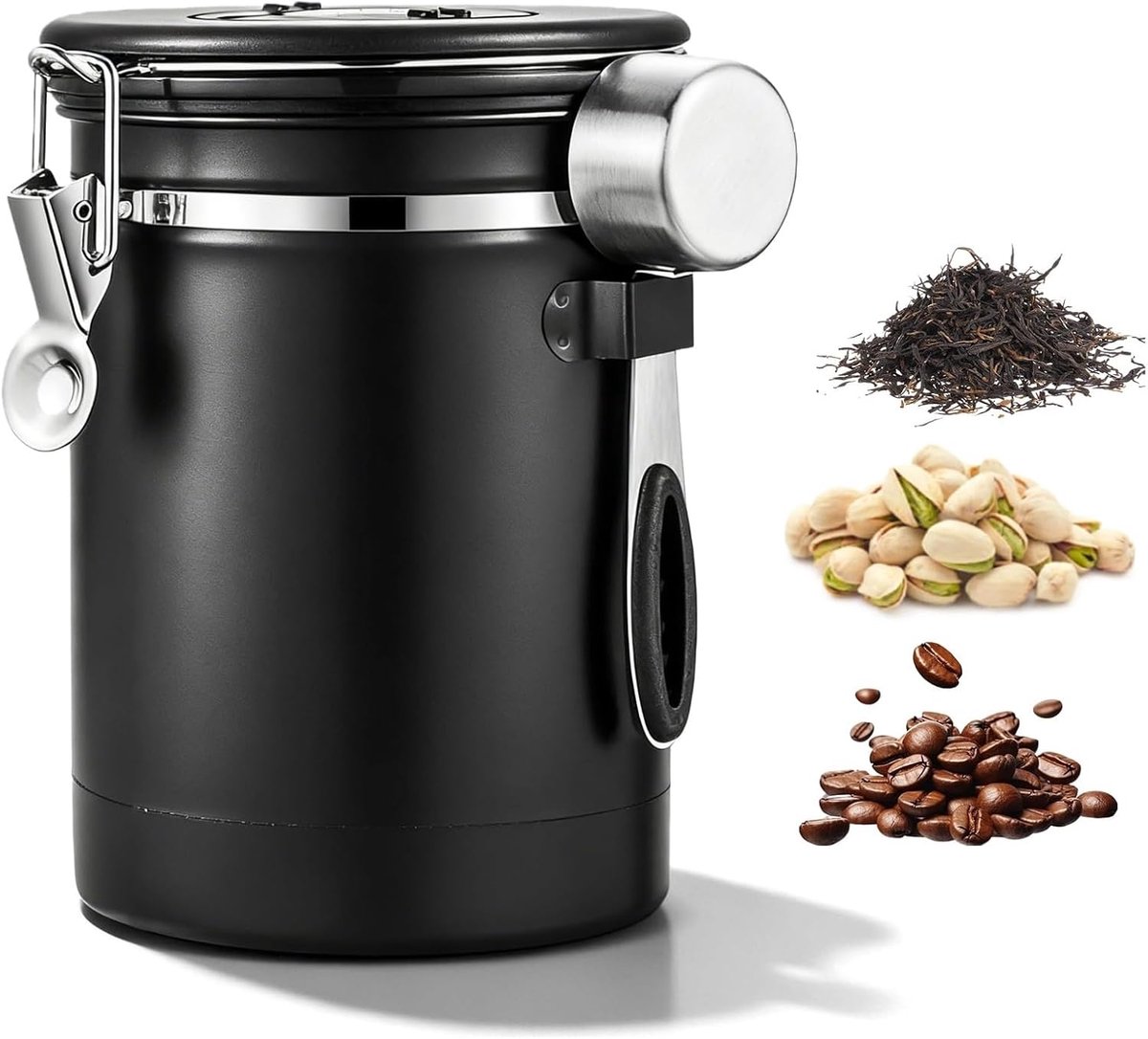 Koffiebus luchtdicht, 2,8 L Koffiebonenvershouddoos gemaakt van roestvrij staal Koffiebus luchtdicht 1 kg bonen vacuüm koffieblik, koffiecontainer met CO2-ventiel, meetlepel en datumweergave