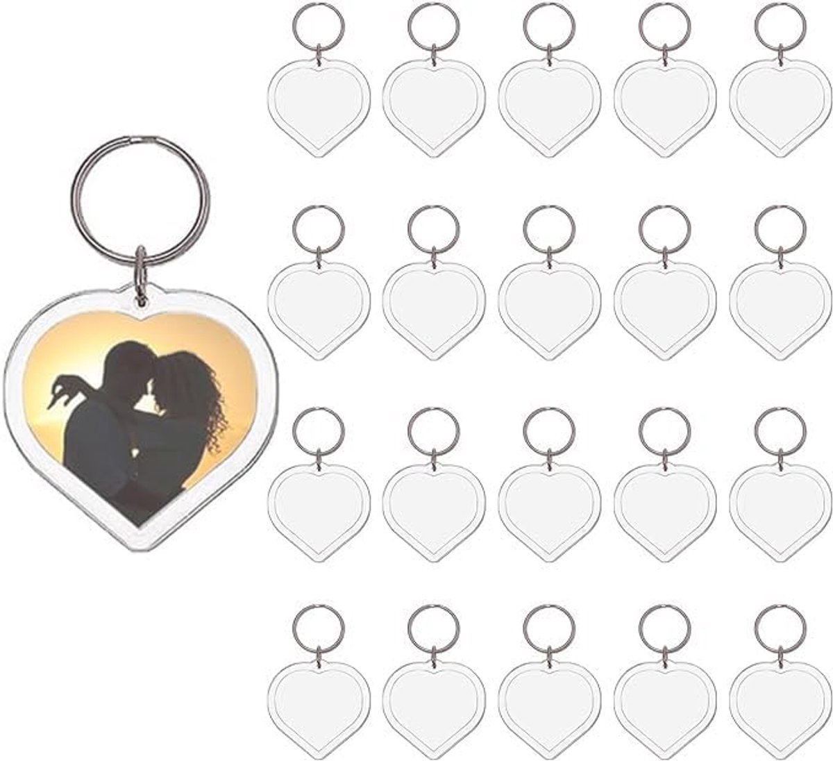 Basicon Sleutelhangers voor foto's, 20 stuks, acryl foto's met sleutelring, transparante afbeelding, fotosleutelhanger, leeg om te knutselen, cadeau, familie, vrienden, 5,5 x 4 cm, hart,