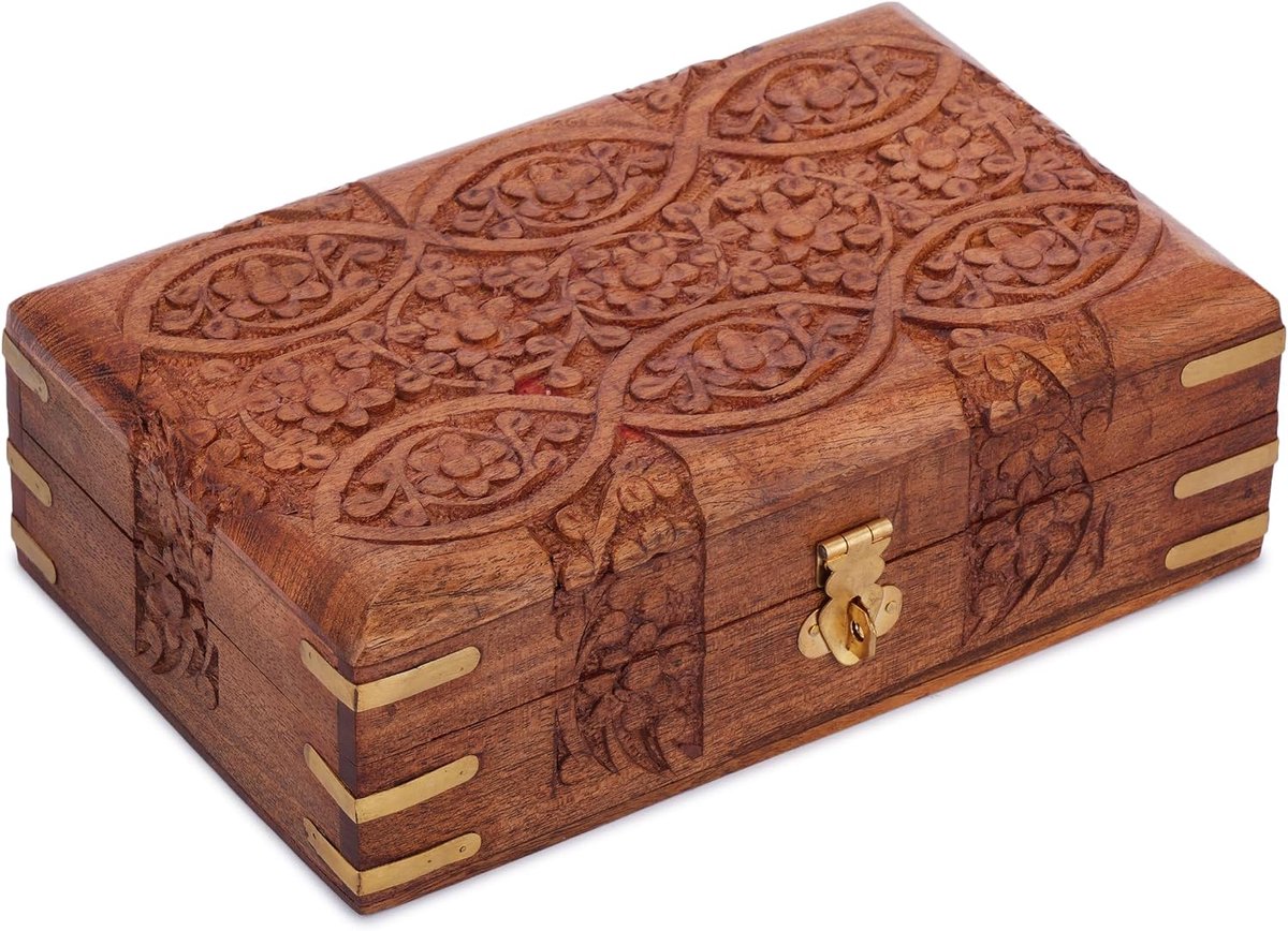 Handgesneden Houten Decoratieve Bloemensnijwerken Multifunctionele Opbergorganizer Aandenken Sieradendoos 8 x 5 inch