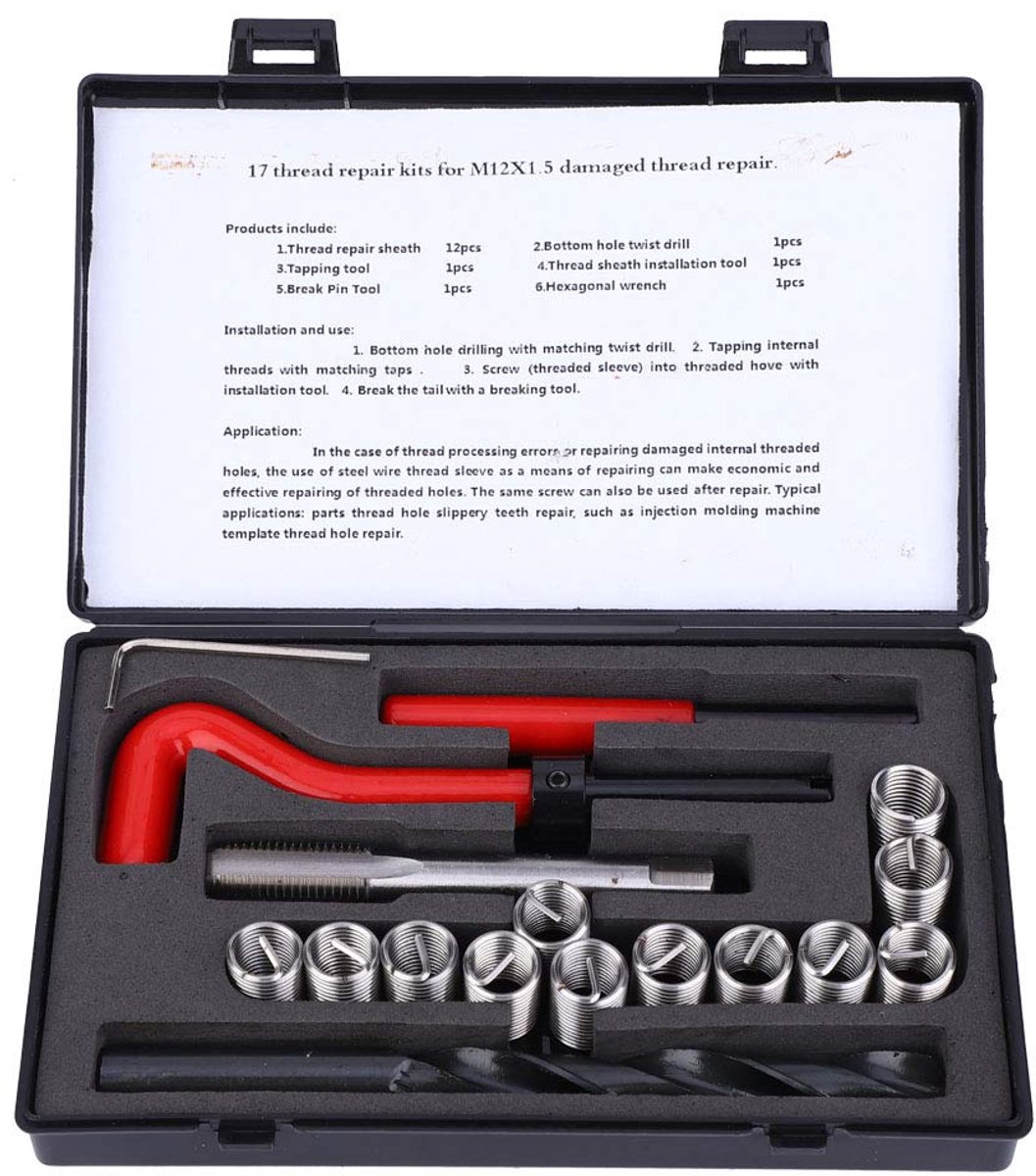 17 stuks M12x1.5 draadreparatiegereedschapsset, draadinzetstukken voor Helicoil reparatie-accessoireset voor dames