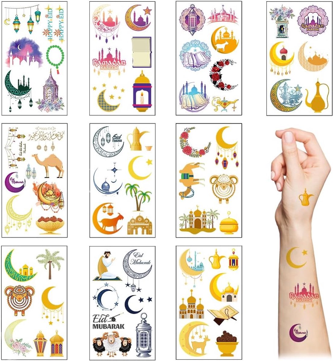 Tijdelijke tatoeages voor kinderen, 10 vellen islamitische vinylstickers, gezichtstattoo-stickers voor moslims, islamitische Eid Iftar Diwali Arty Favor Supplies