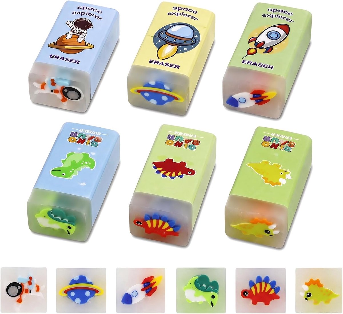 Set gummen voor kinderen - 6 delige set - zachte gummen met dino & astronaut motieven - leuk voor school en tekenen - ShopVlot