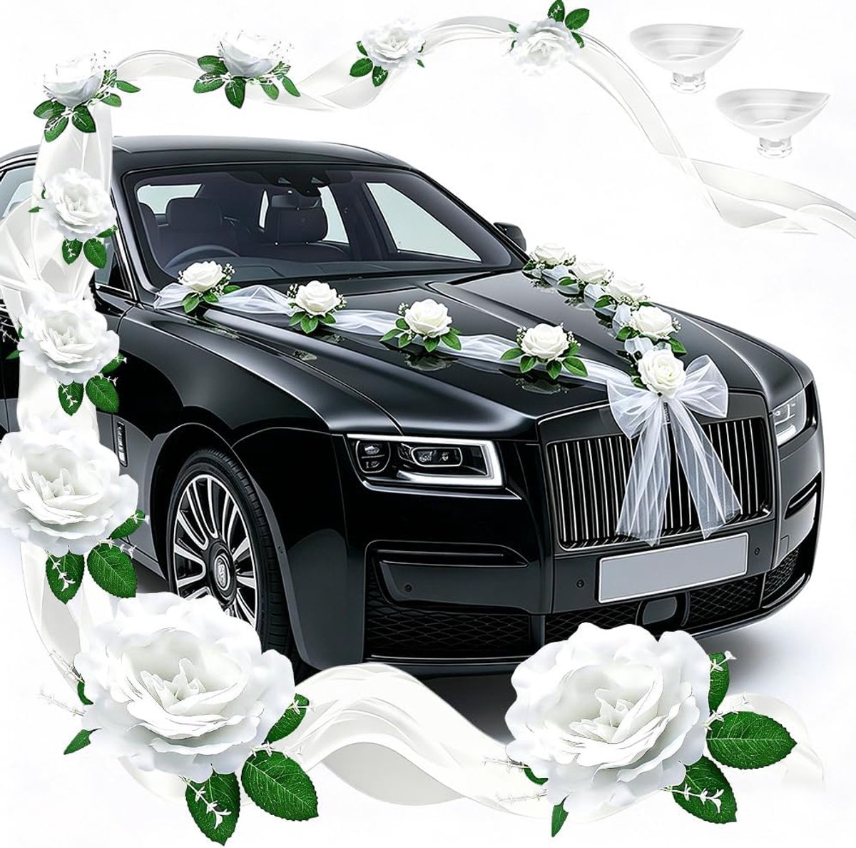 Motorkap, bruiloftsdecoratie, autodecoratie, bruidspaar met 9 rozen