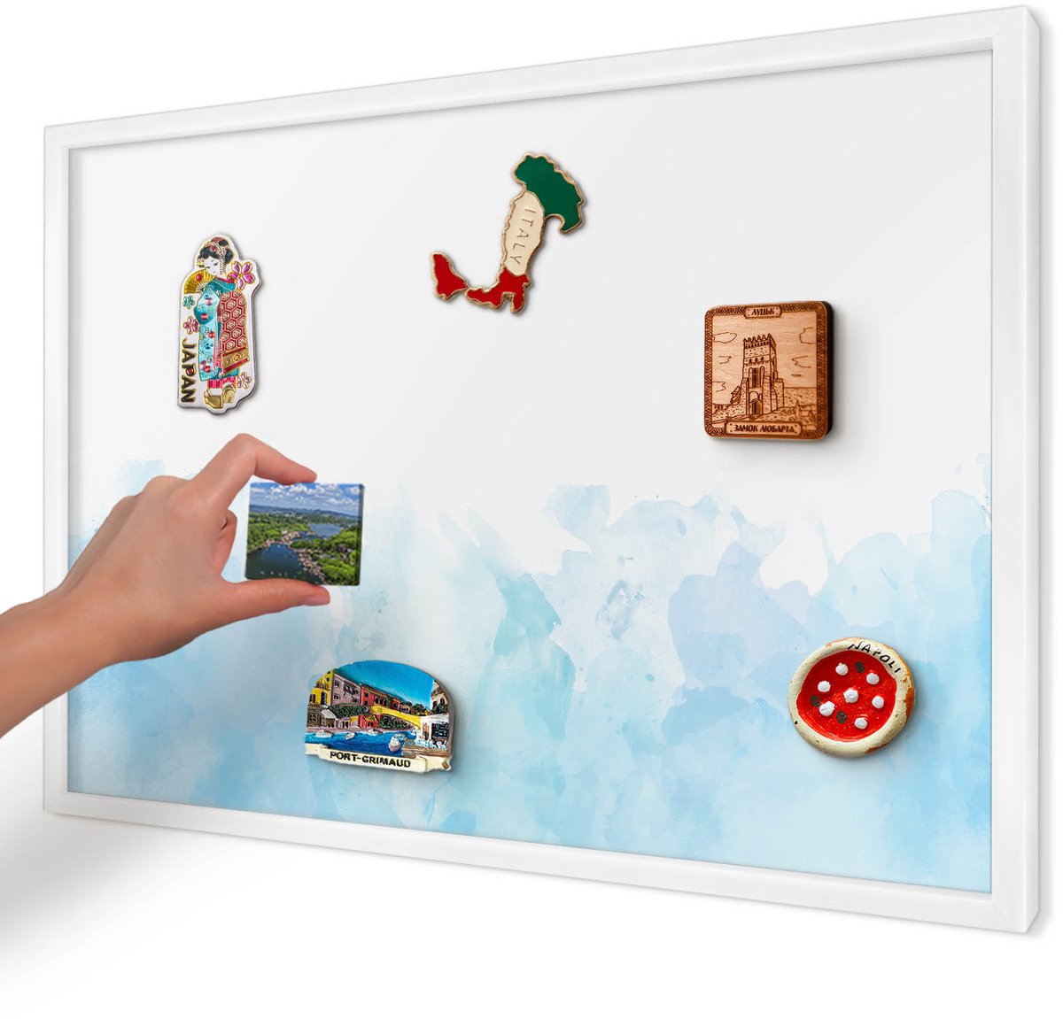 Artprintcave Blauw Magneetbord mit Witte Lijst - 60x40 cm - Rustgevend Landschap Wandbord Magnetisch - Waterverf Memobord Keuken - Abstractie