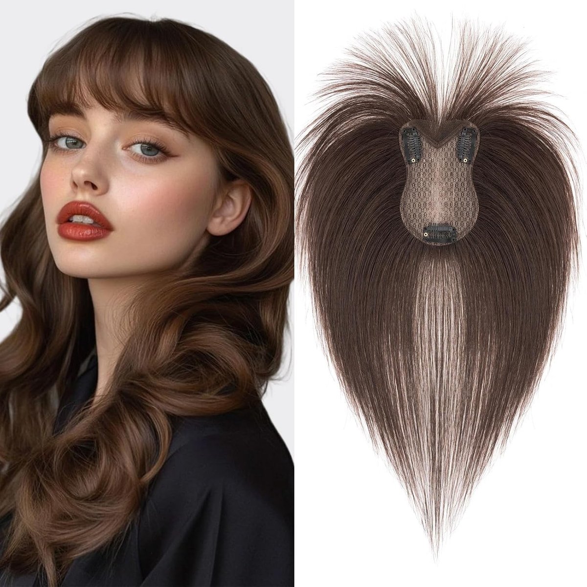 Echte Haar Topper met Bangs, 21g Clip-in Remy Haar, Donkerbruin Haar met Lace Basis van 8x11CM, 27CM Lengte voor Vrouwen