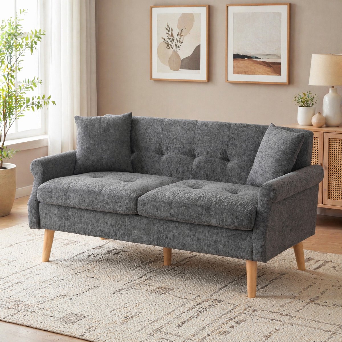 COVREO 2-zits bank 162x74x77 cm grijs, chenille met 2 kussens hoge poten