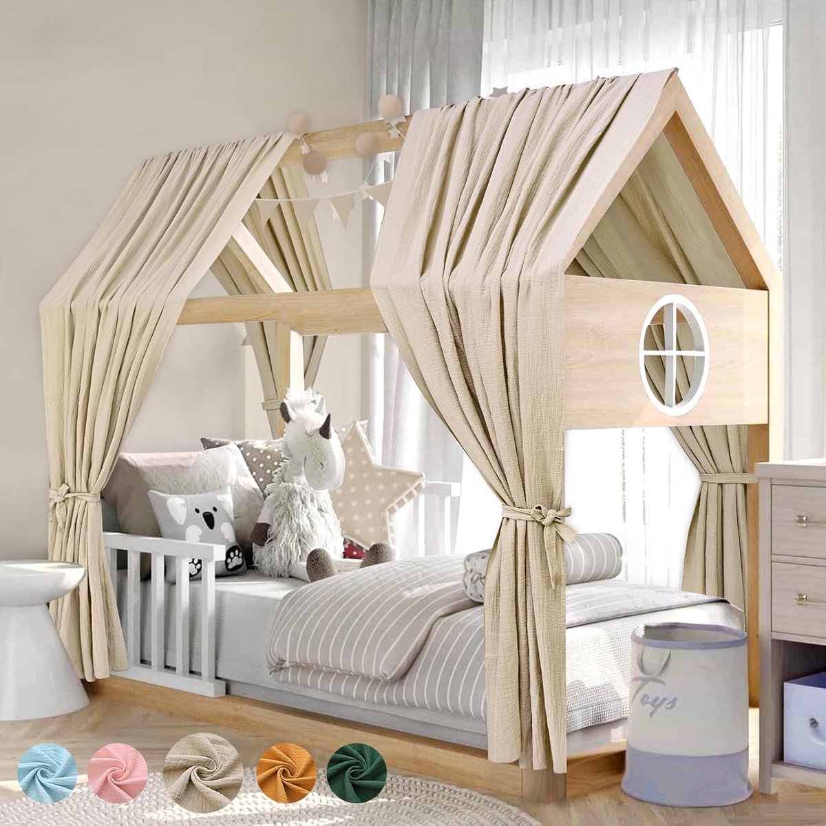 Huisbed, hemel, decoratieset, 2 bedhemels, huisbed van 100% katoenen mousseline, 1 vlaggetjesslinger 300 cm, kinderbed, baldakijn, stoffen luifel voor meisjes en jongens, kinderkamer, 67 x