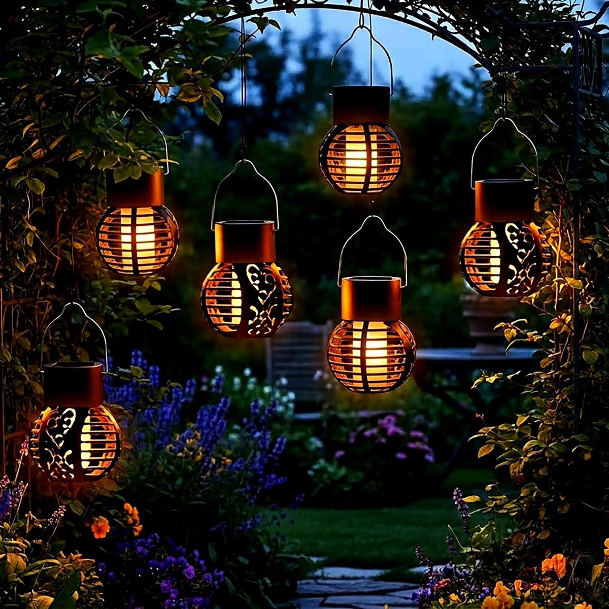 Led-lantaarn op zonne-energie, klein, met vlameffect, set van 6, mini-lampion, 9 x 7 cm, om op te hangen voor buiten, decoratieve verlichting, solarlantaarn, hanglamp