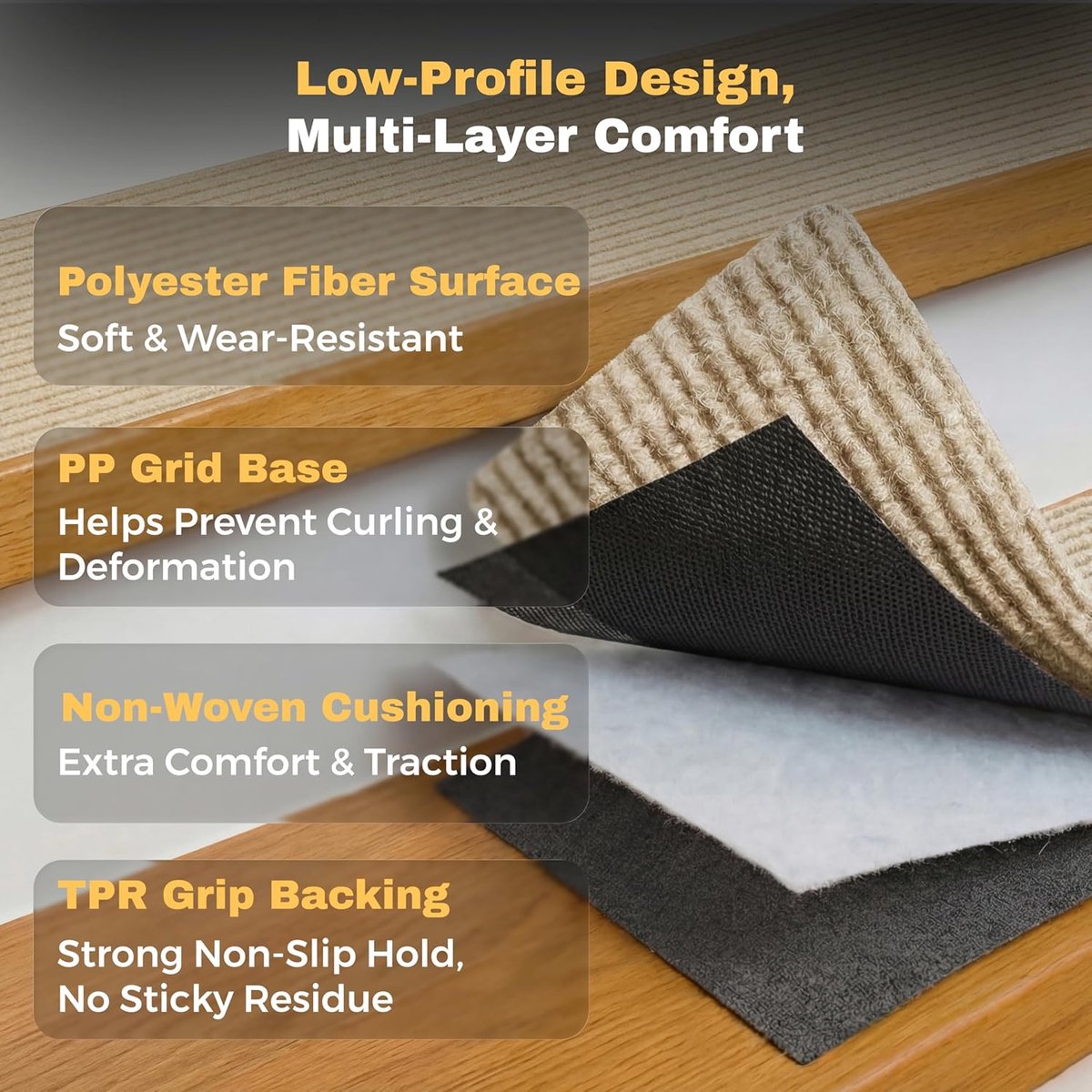 Trapmatten 20 x 65 cm, zelfklevend, veilig voor kinderen, ouderen en huisdieren, beige | Antislip oppervlak, herbruikbare lijm en bescherming voor kinderen, senioren en huisdieren